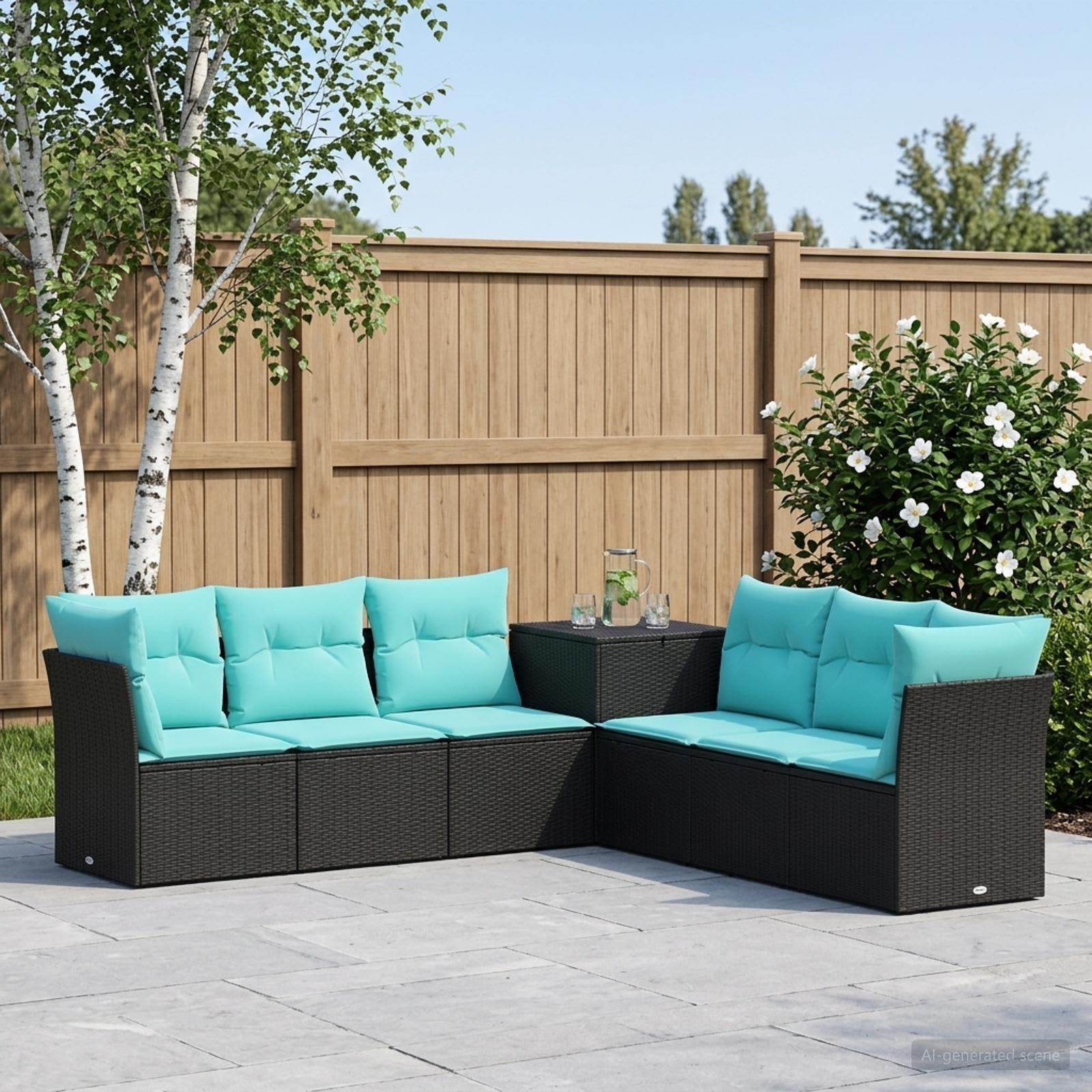 Sofa sæt 7 stk. til have og terrasse i sort og blå poly rattan og stål