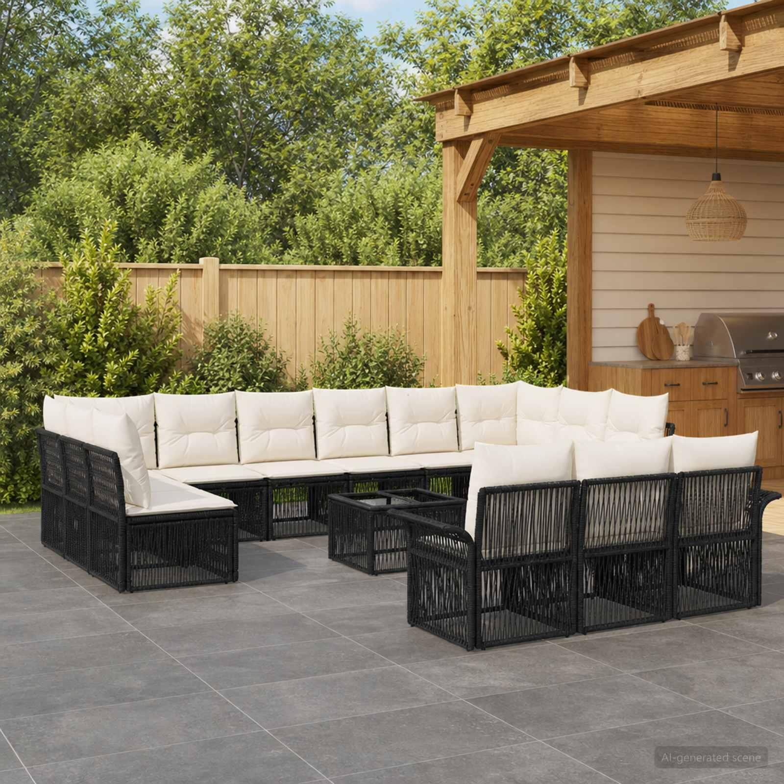 Havesofa sæt 14 stk. i sort polyrattan til terrasse og have