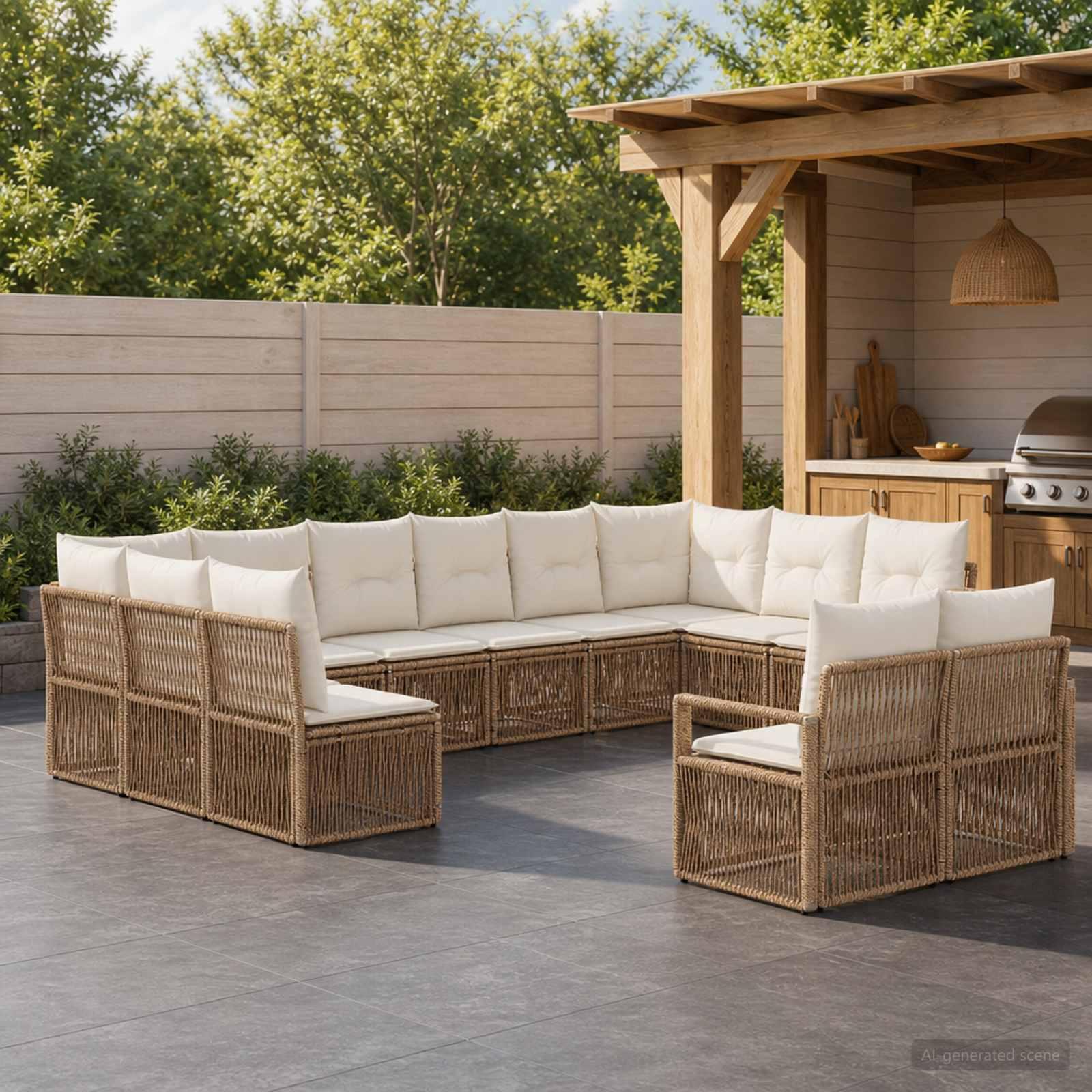 Havesofa sæt 12 stk. i beige polyrattan - modulært lounge sæt