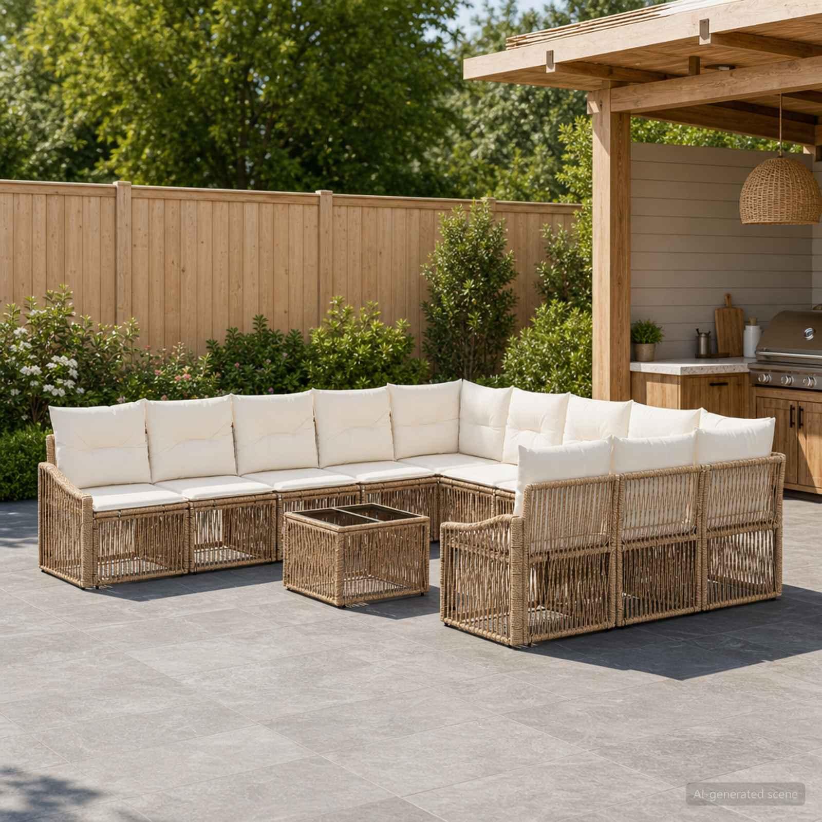 Havesofa sæt 12 stk. i beige polyrattan til terrasse og have