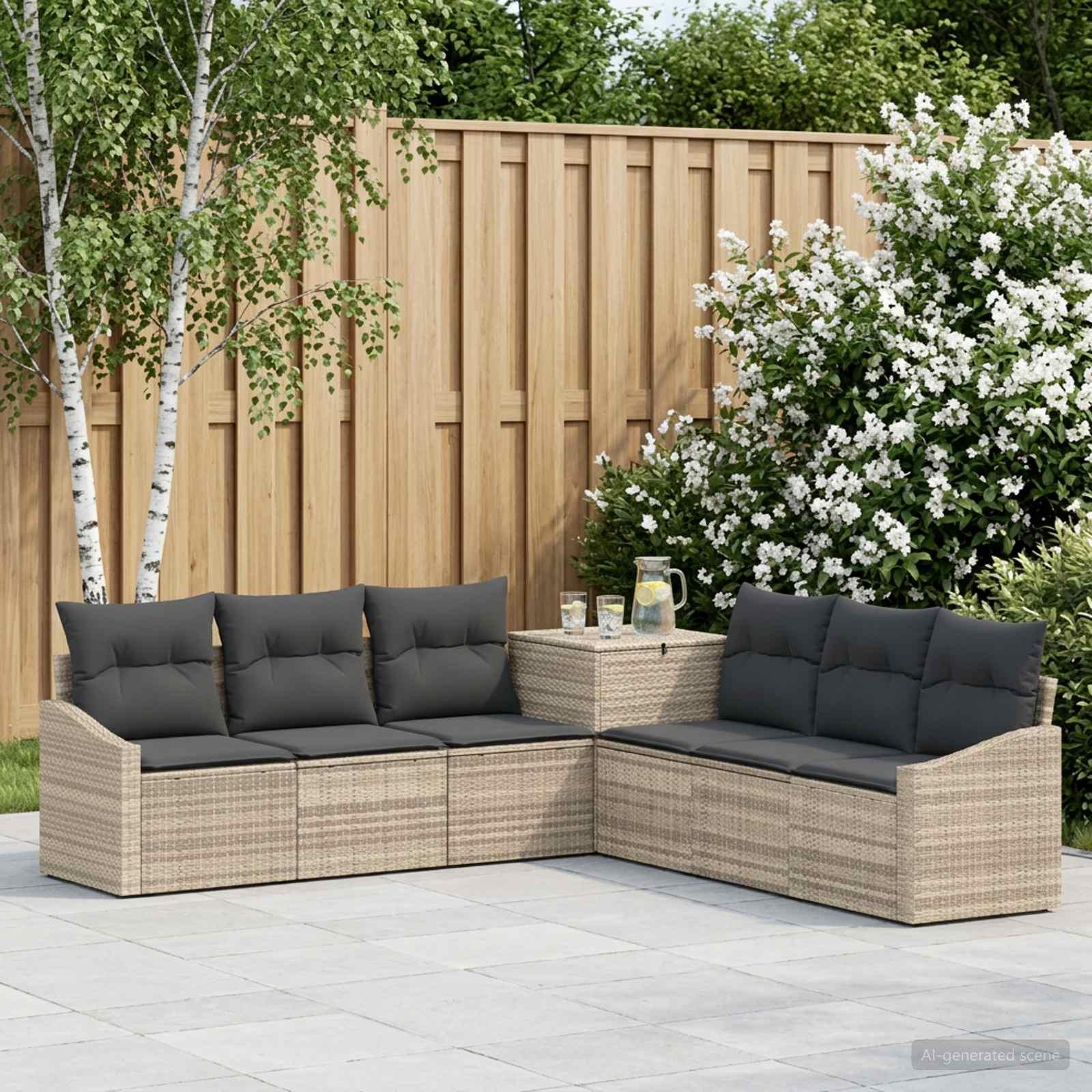 Sofa sæt 7 stk. til haven i lysegrå og mørkegrå poly rattan og stål