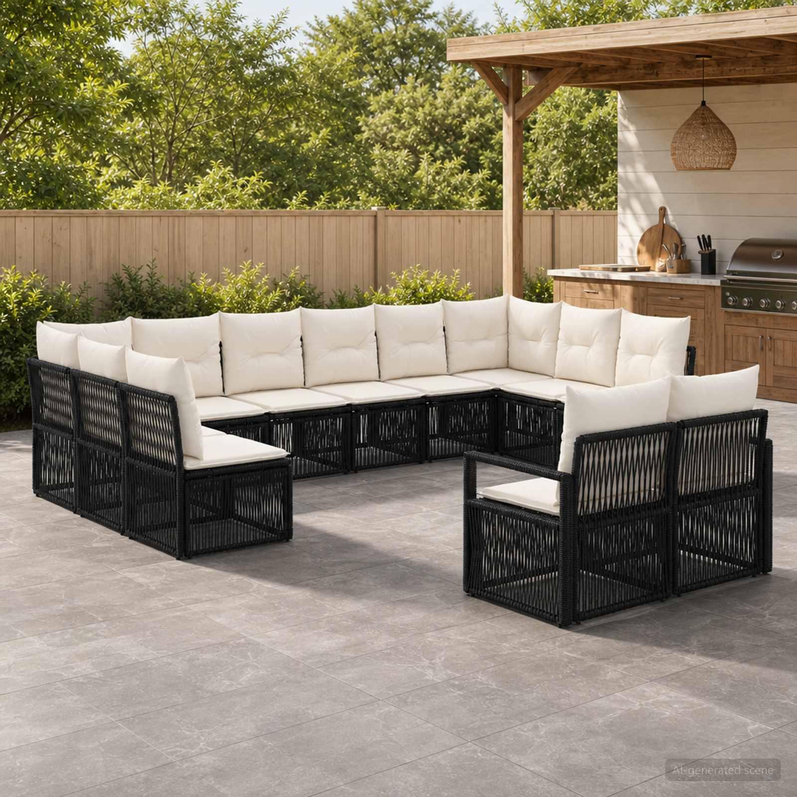 Havesofa sæt 12 stk. i sort polyrattan modulært lounge sæt