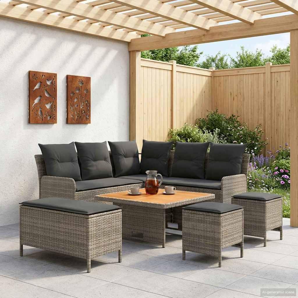 Møbelsæt 7 stk. i grå og mørkegrå PE-rattan til have og terrasse