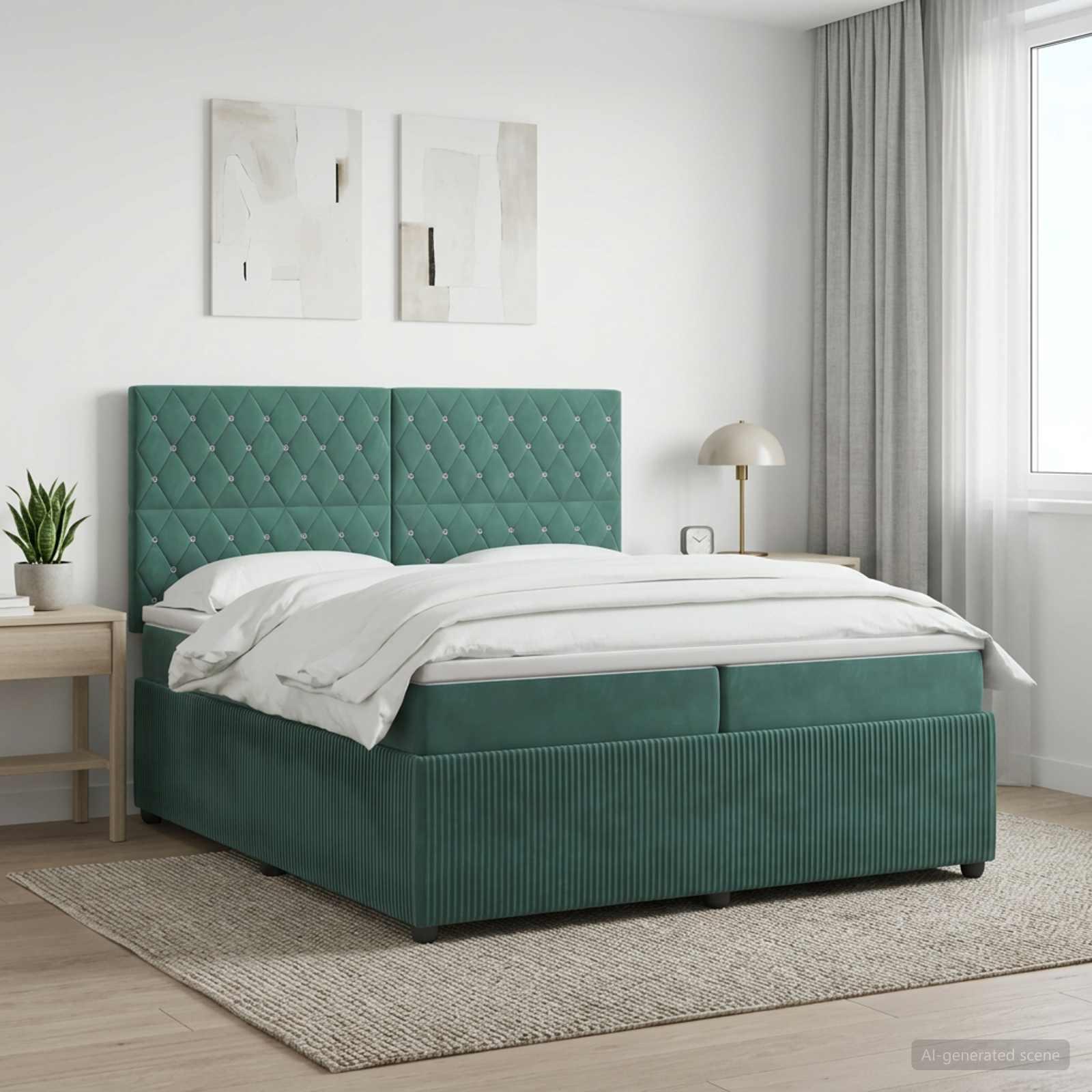 Boksmadras seng med topmadras 200 x 200 cm i mørkegrøn fløjl