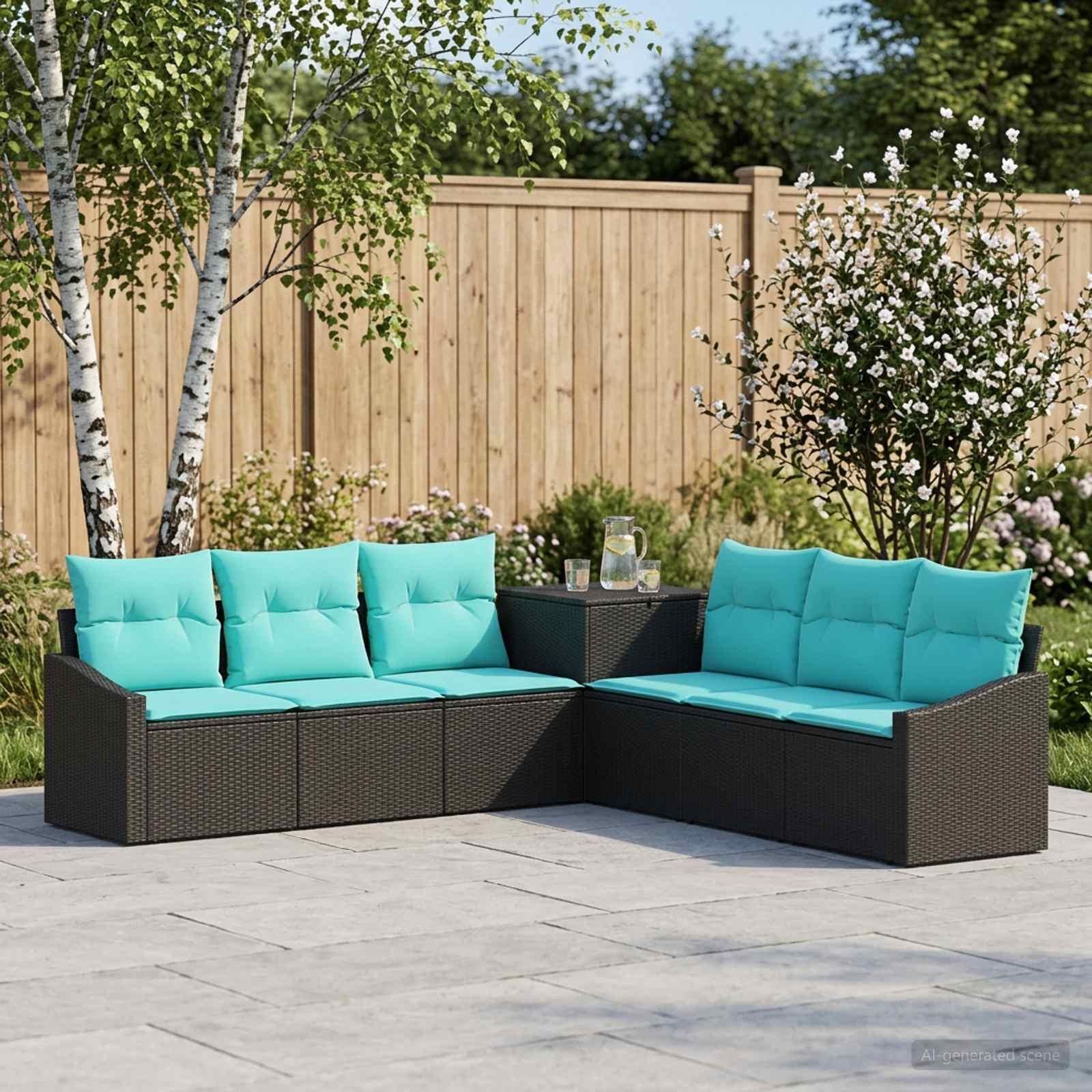 Sofa sæt 7 stk. sort og blå i poly rattan og stål til terrasse og have