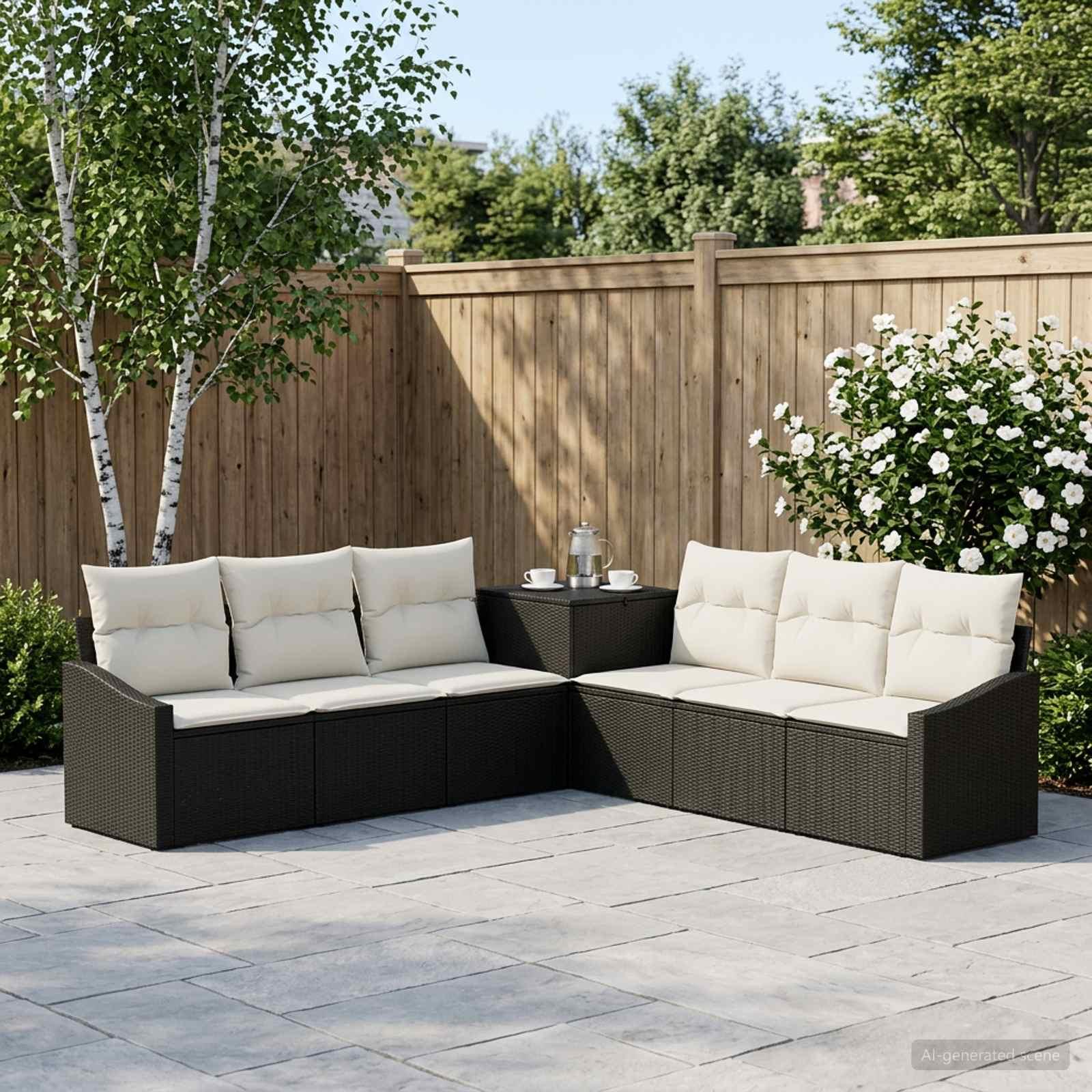 Sofa sæt 7 stk. til have og terrasse i sort og cremehvid poly rattan og stål