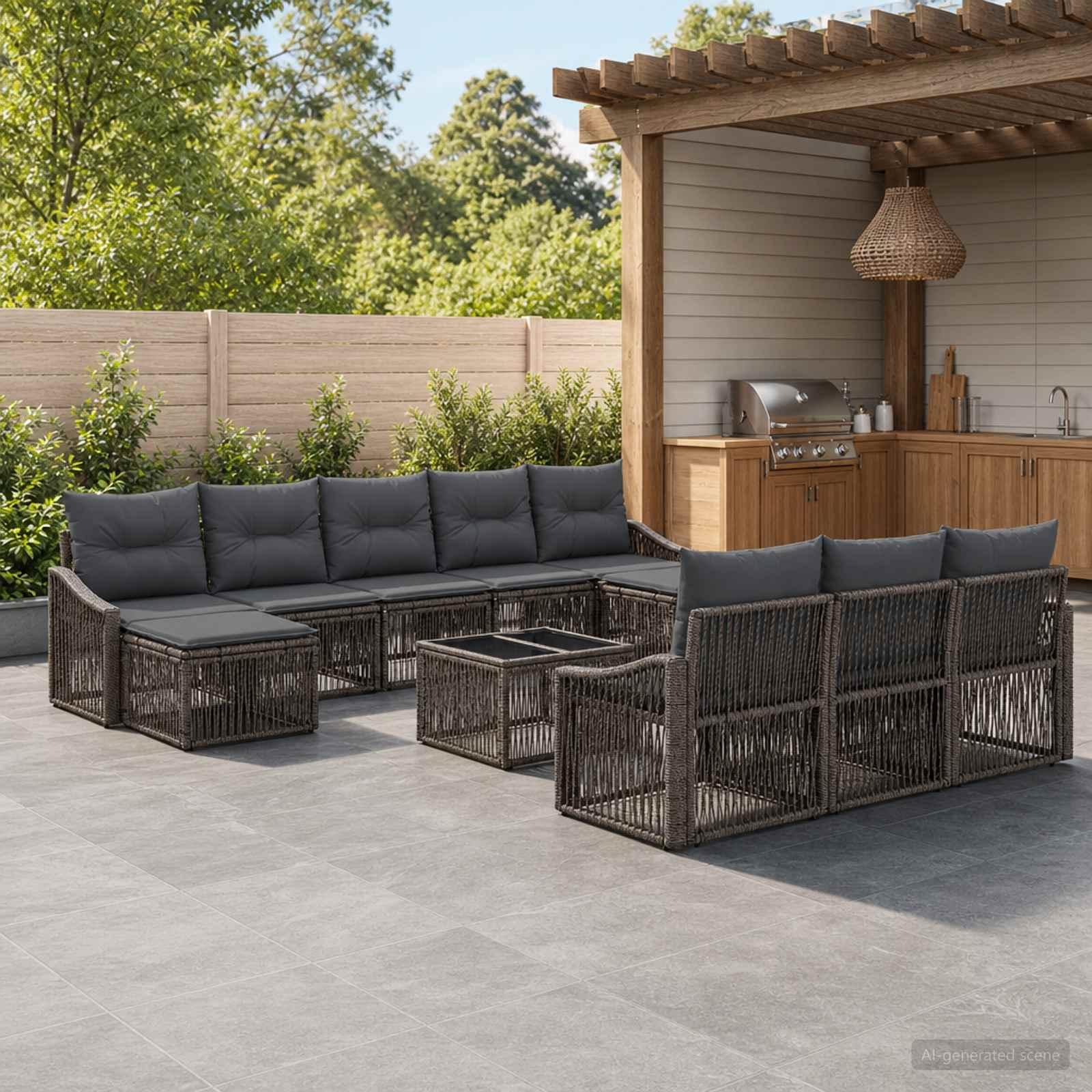 Havesofa sæt 11 stk. i grå polyrattan til terrasse og have