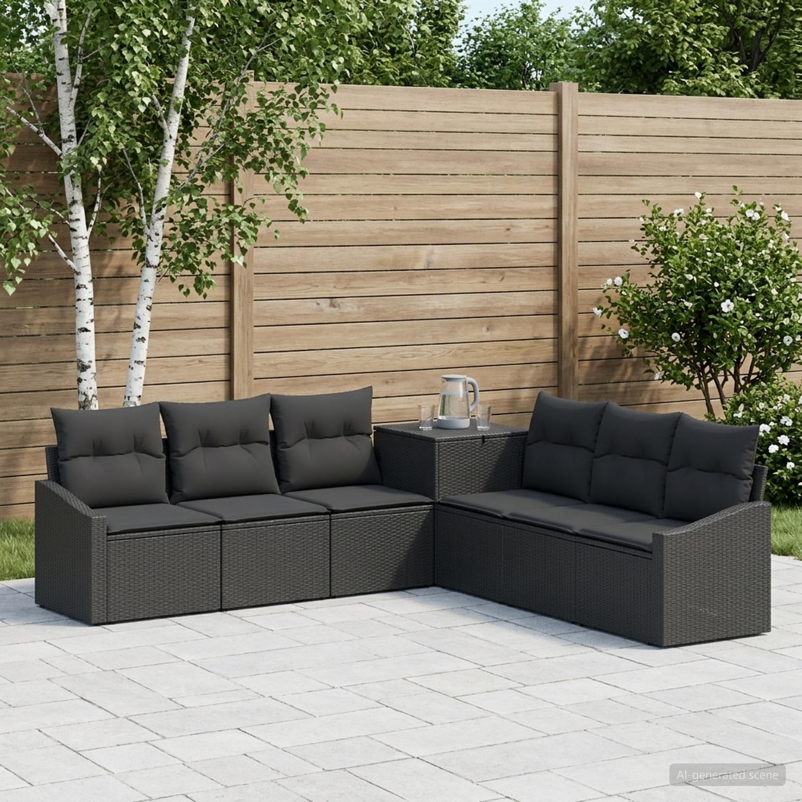 Sofa sæt 7 stk. i sort poly rattan og stål til have og terrasse
