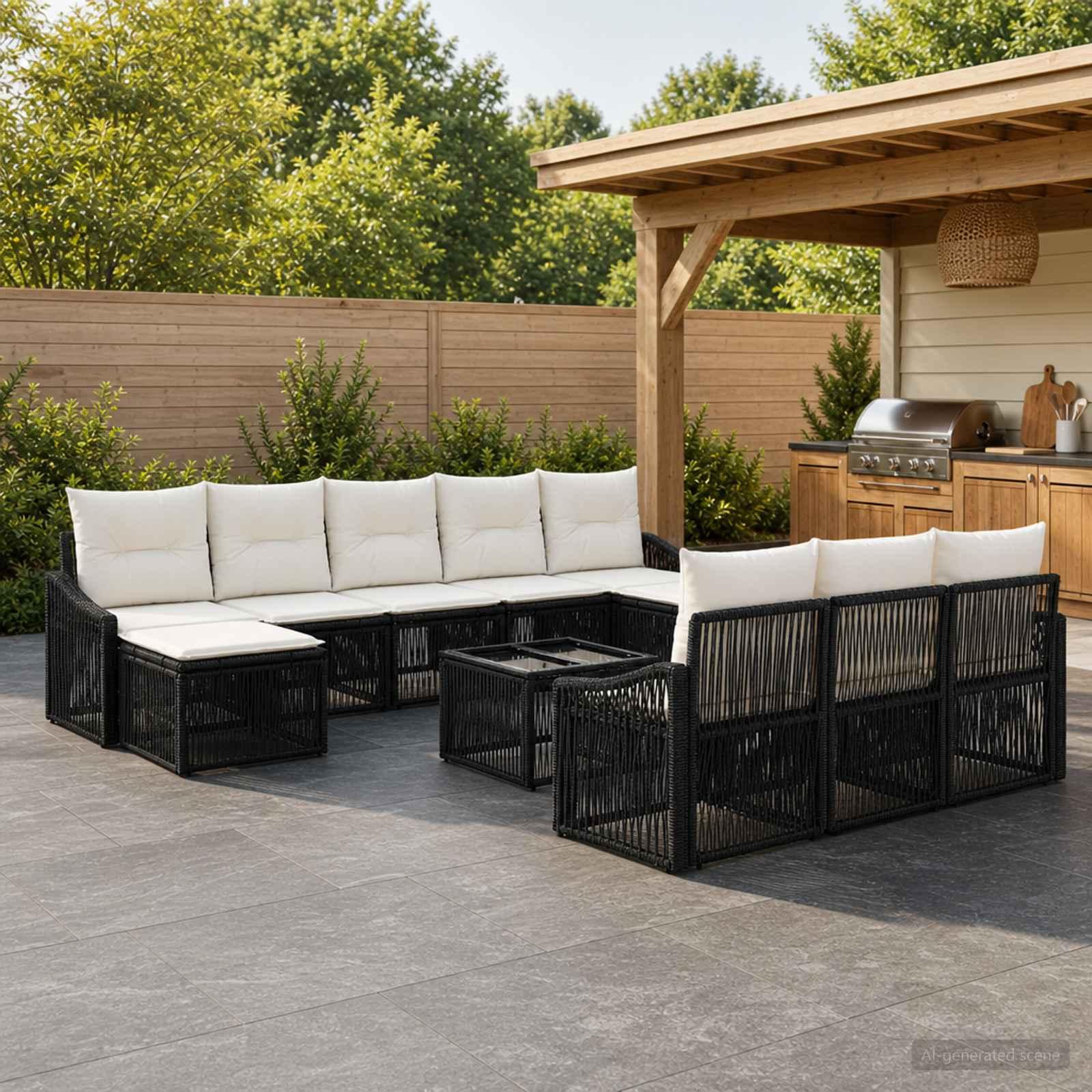 Havesofa sæt 11 stk. i sort polyrattan til have og terrasse