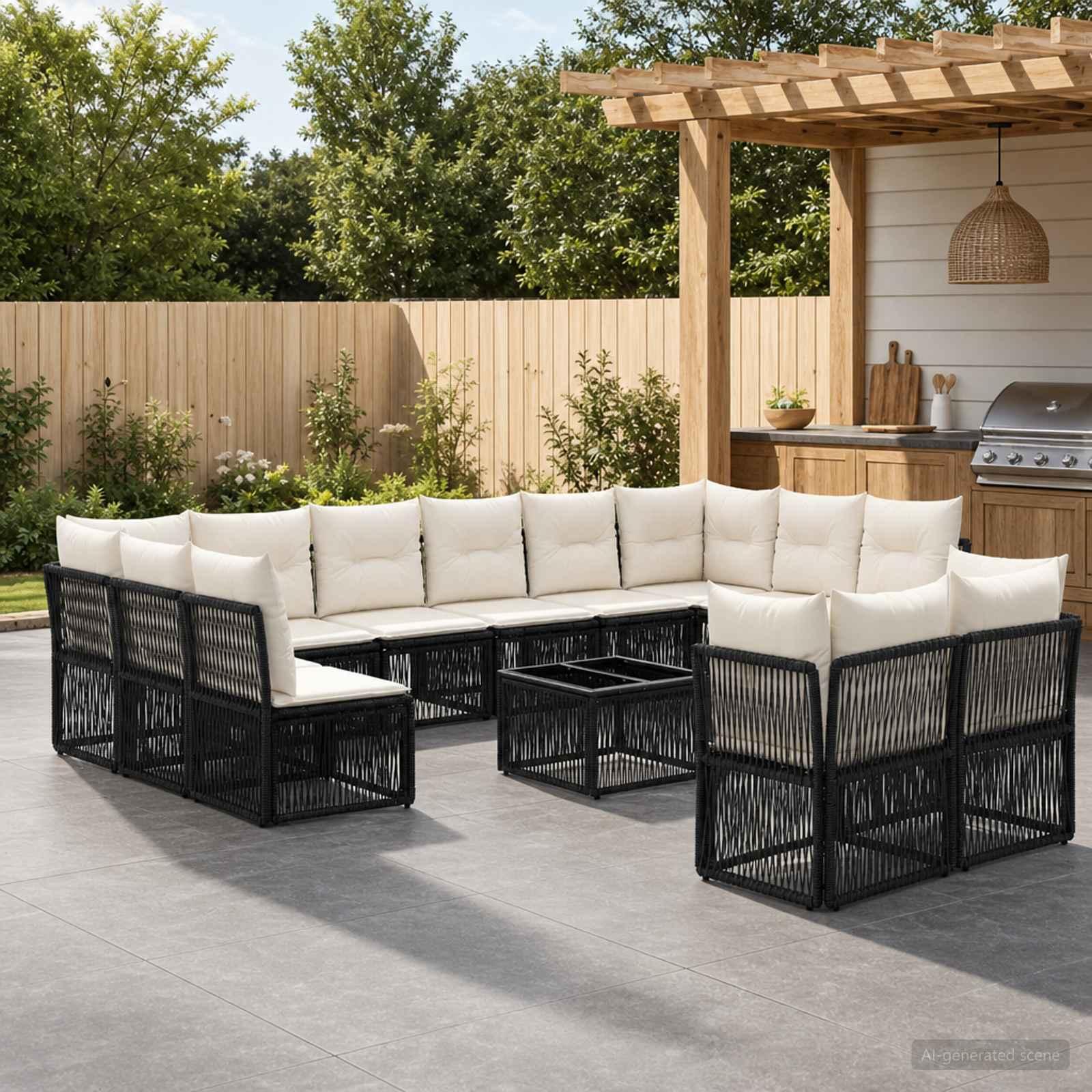 Havesofa sæt 13 stk. i sort polyrattan til terrasse og have