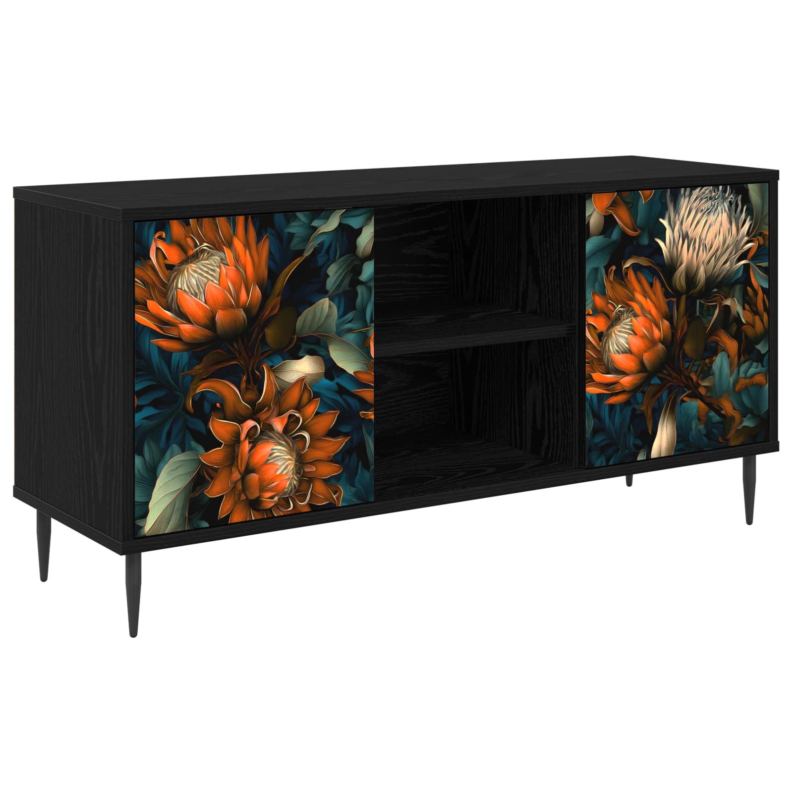 TV-skab LOCHEM 102 x 33 x 51 cm i sort eg med dekorativt blomstermønster
