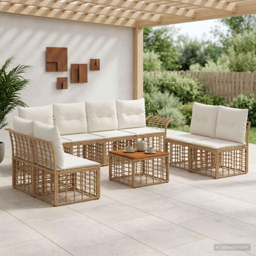 Udendørs sofagruppe 9 stk. i polyrattan - naturlig og cremehvid