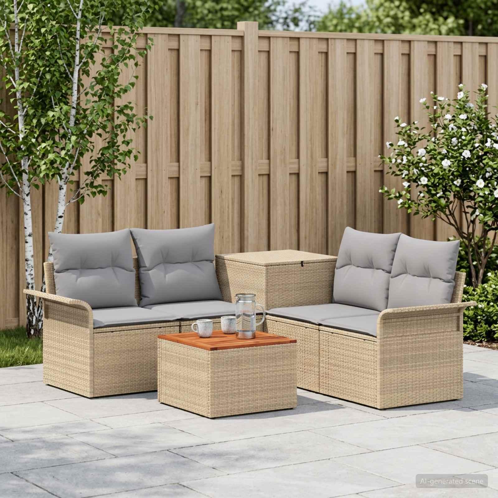 Sofa sæt 6 dele til 4 personer i poly rattan - beige og lys grå