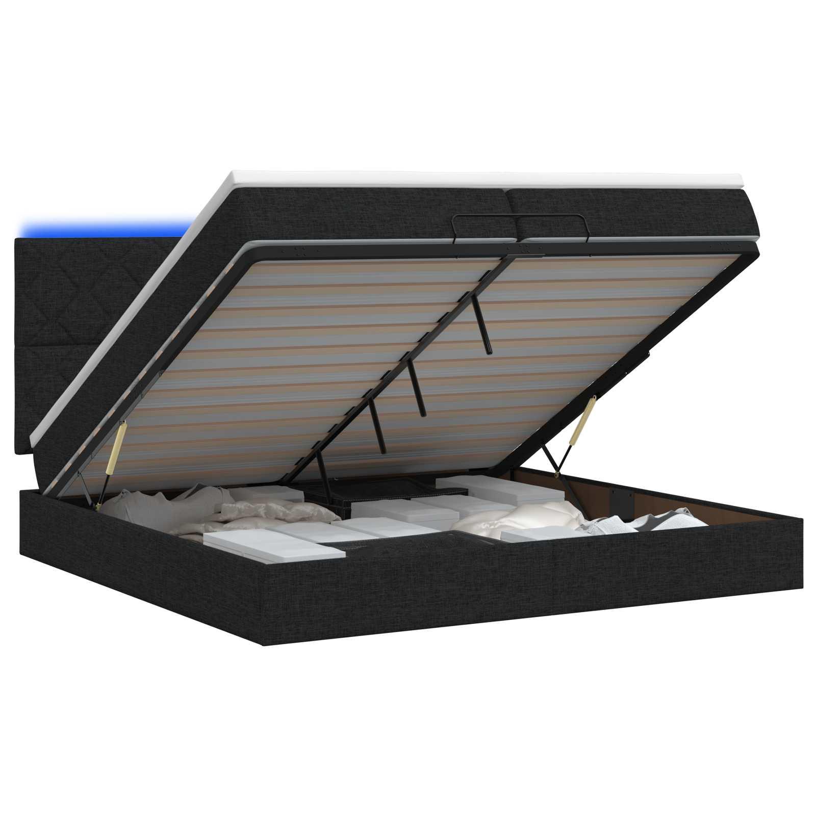 Ottoman seng med opbevaring, madras og LED 200 x 200 cm - sort stof