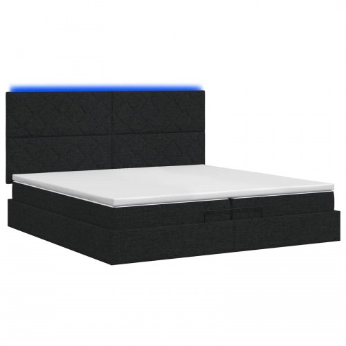 Ottoman seng med opbevaring, madras og LED 200 x 200 cm - sort stof