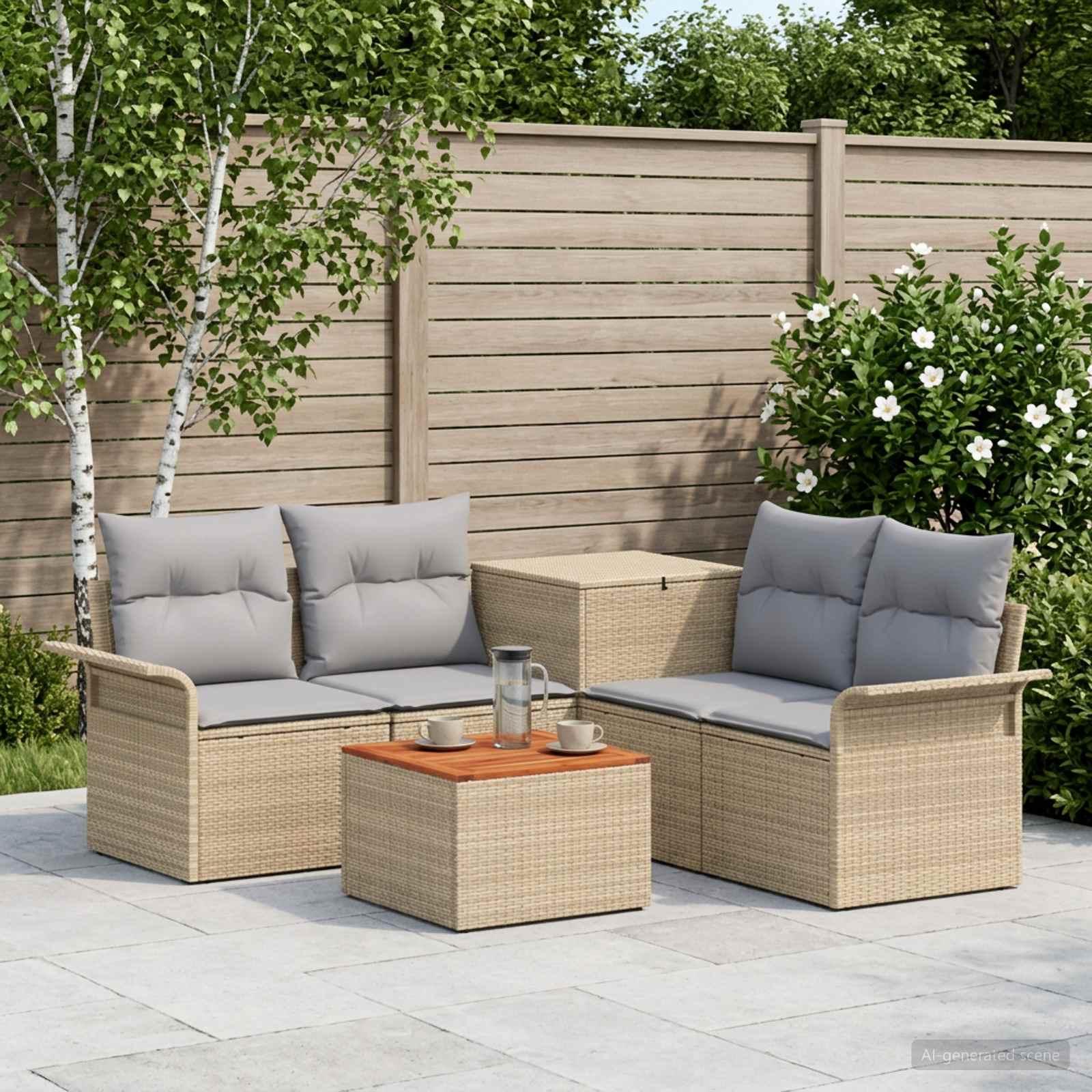 Sofa sæt 6 stk. til terrasse og have, 4-sæders, beige og lys grå