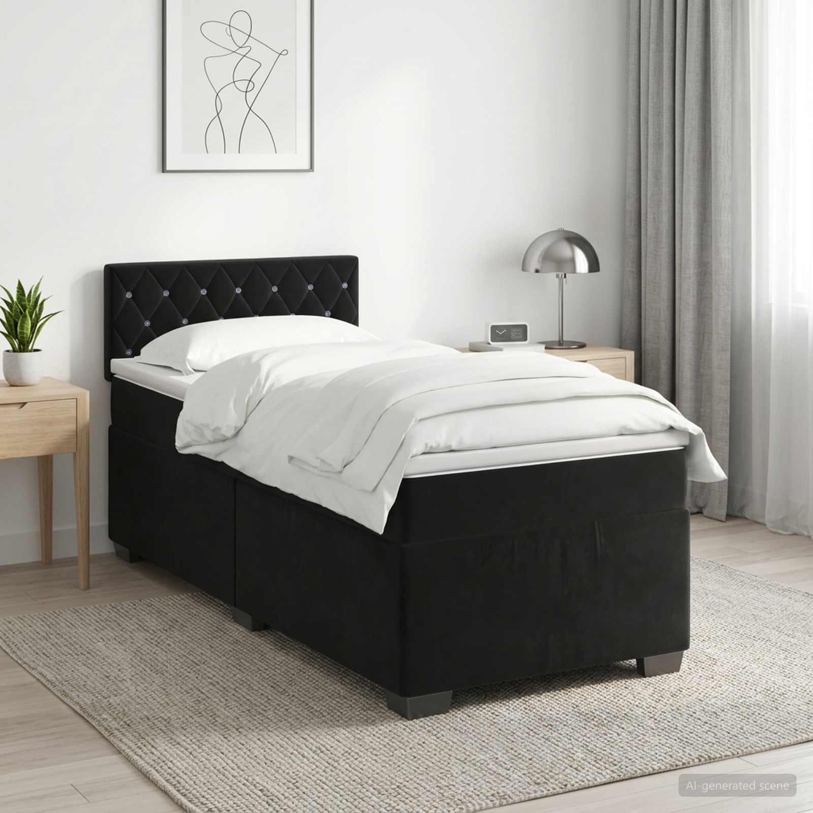 Boxmadras seng med topmadras og hovedgærde 80 x 200 cm i sort fløjl