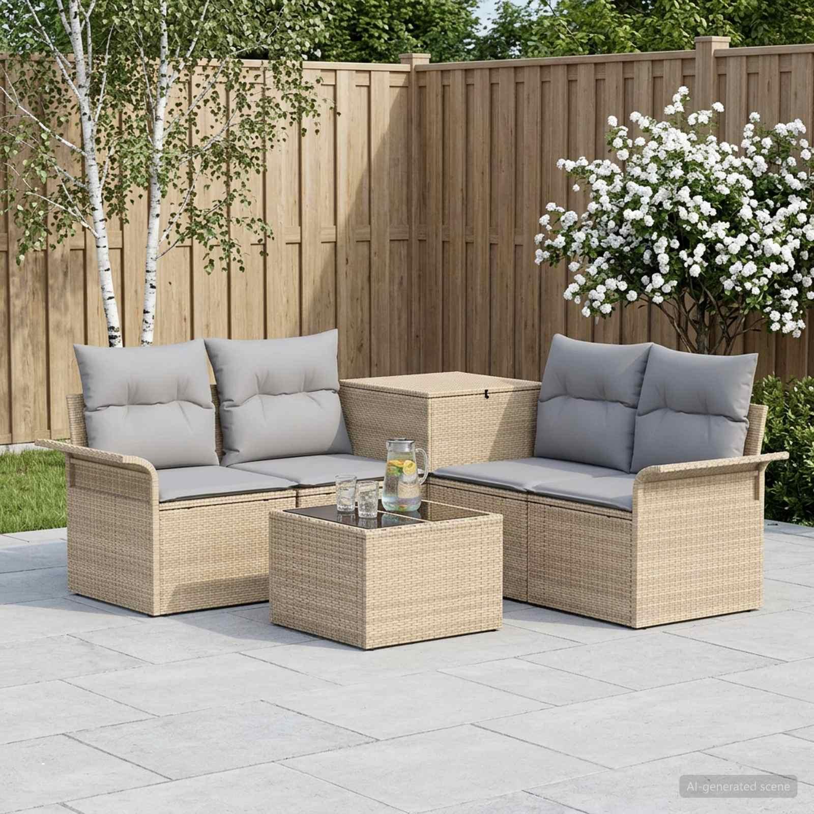 Sofa sæt 6 stk. 4-personers havesofa i poly rattan - beige og lys grå