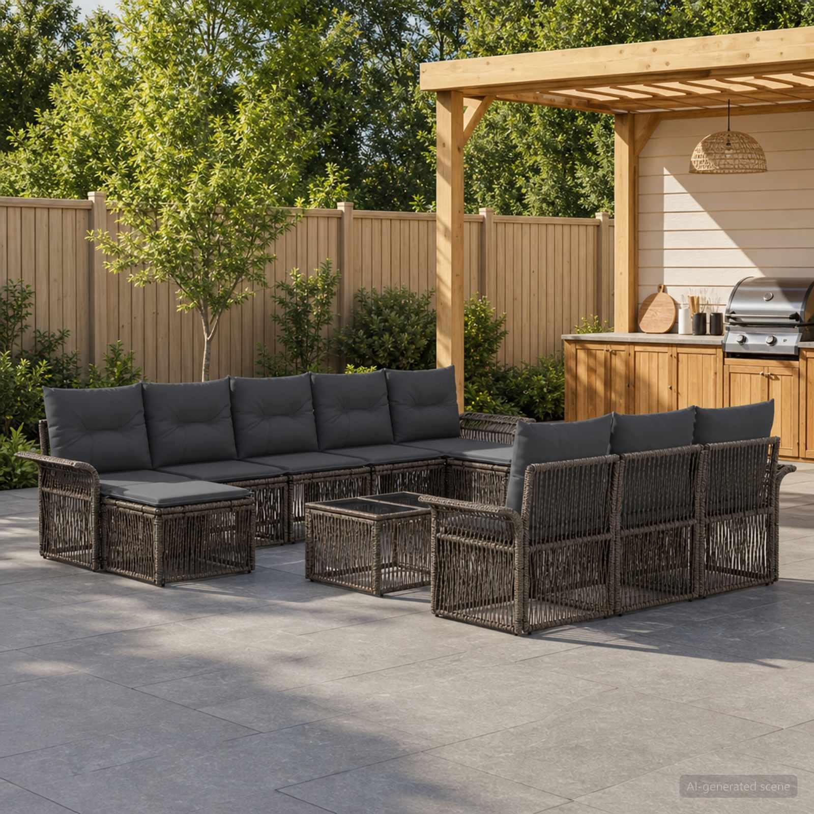 Havesofa sæt 11 stk. i grå polyrattan - modulært loungesæt til have og terrasse