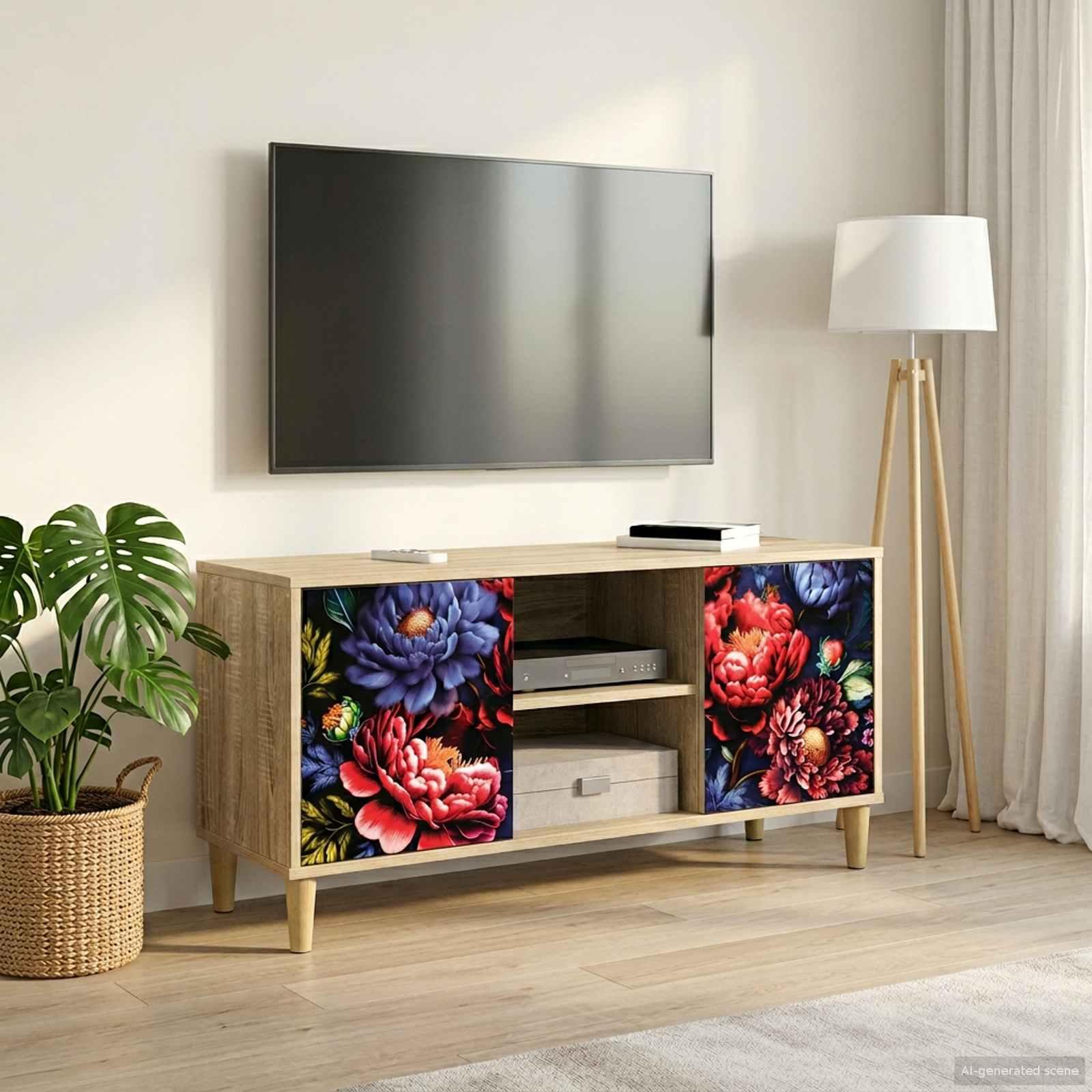 TV-skab KIEL 102 x 33 x 50 cm i sonoma-eg med blomstermønster