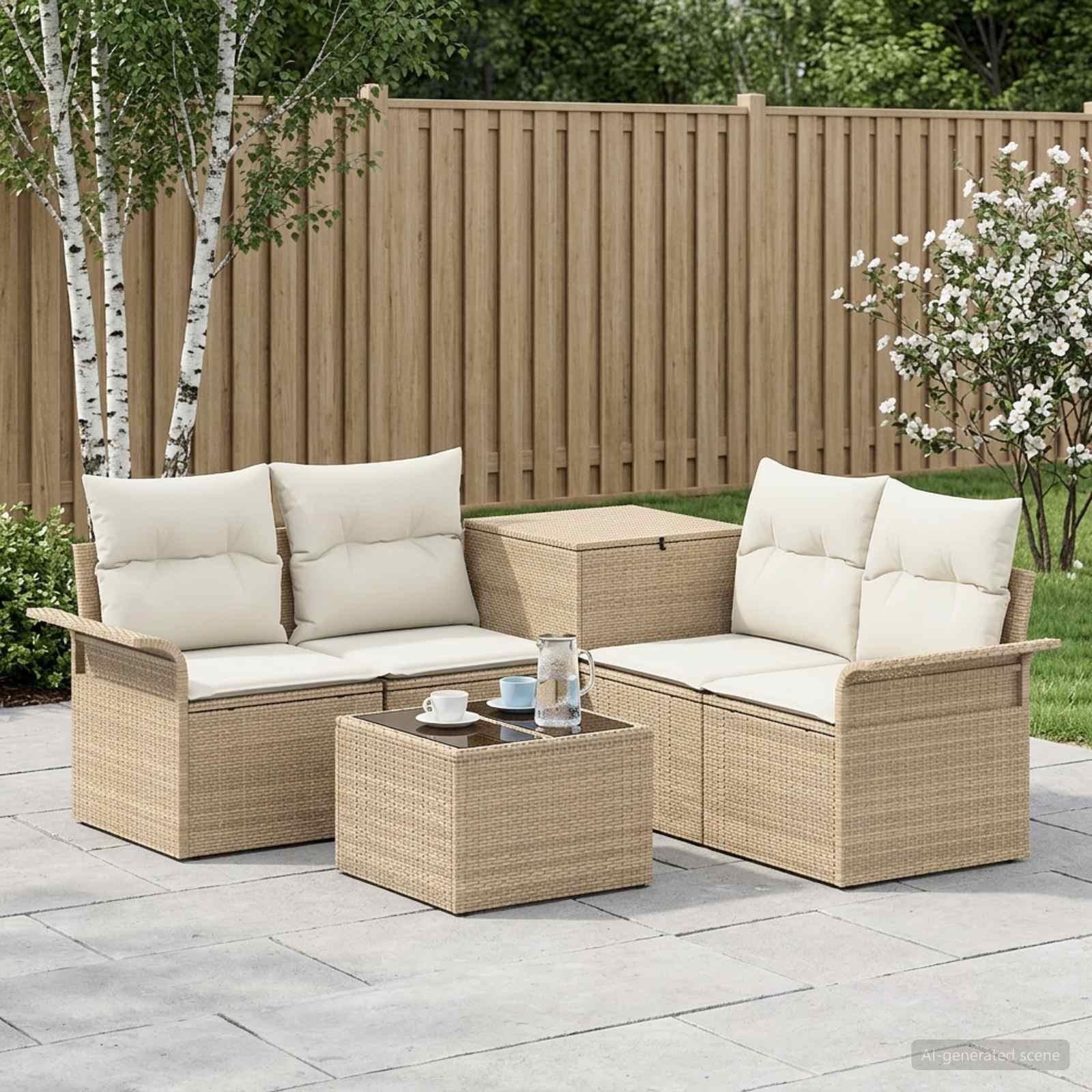 Sofa sæt 6 stk. 4-personers havesofa i poly rattan - beige og cremehvid