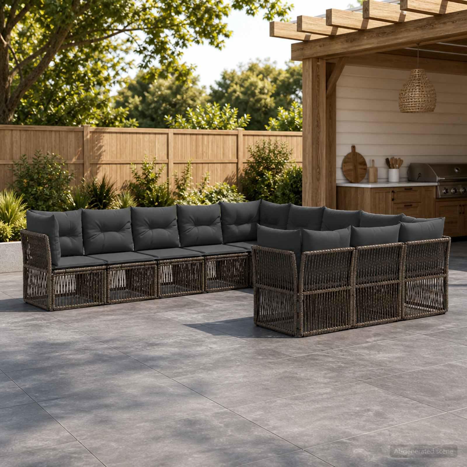 Havesofa sæt 11 stk. i grå polyrattan modulsofa til have og terrasse