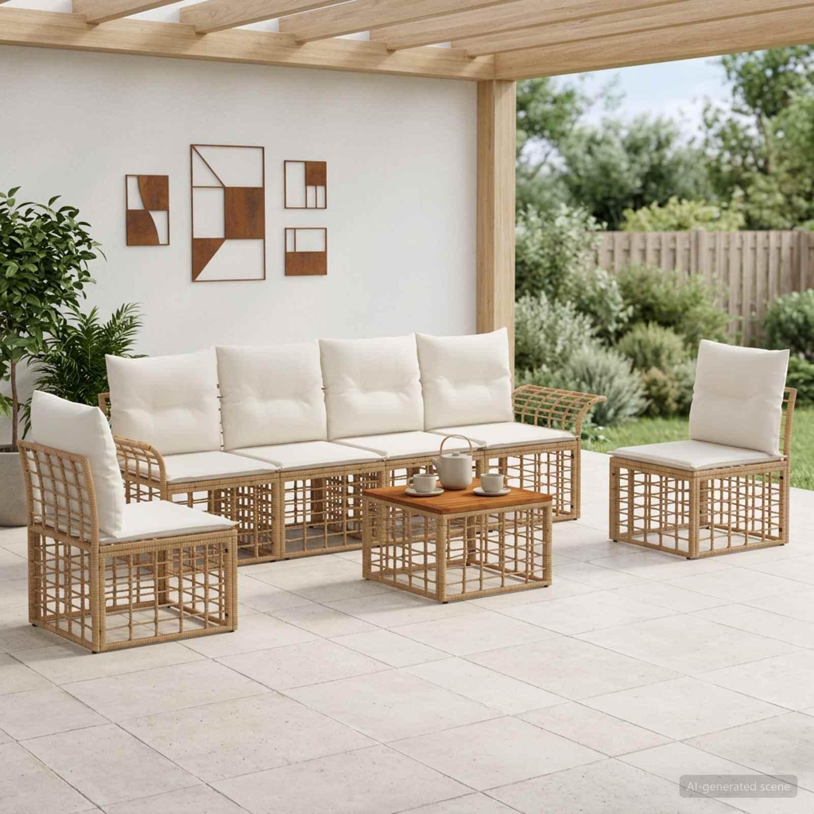 Udendørs sofagruppe 7 stk. i poly rattan - naturlig og cremehvid