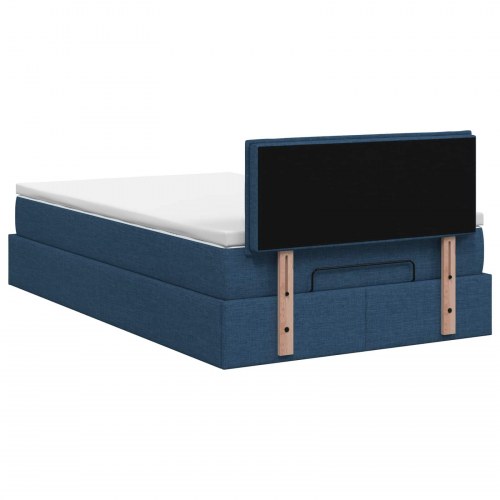 Ottoman seng med opbevaring, madras og LED 120 x 190 cm - blå stof