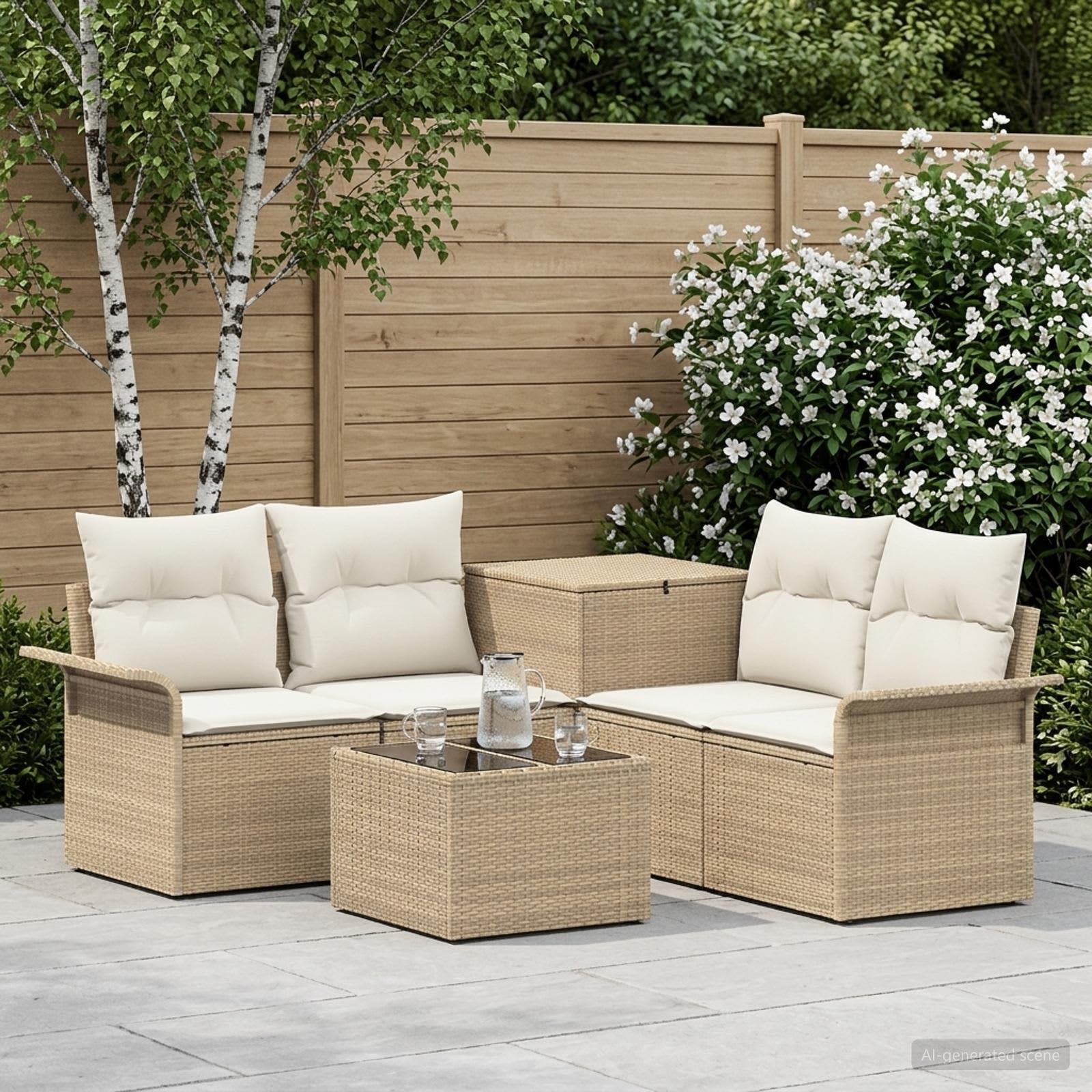 Sofa sæt 6 stk. 4-personers havesofa i poly rattan med opbevaring - beige og cremehvid