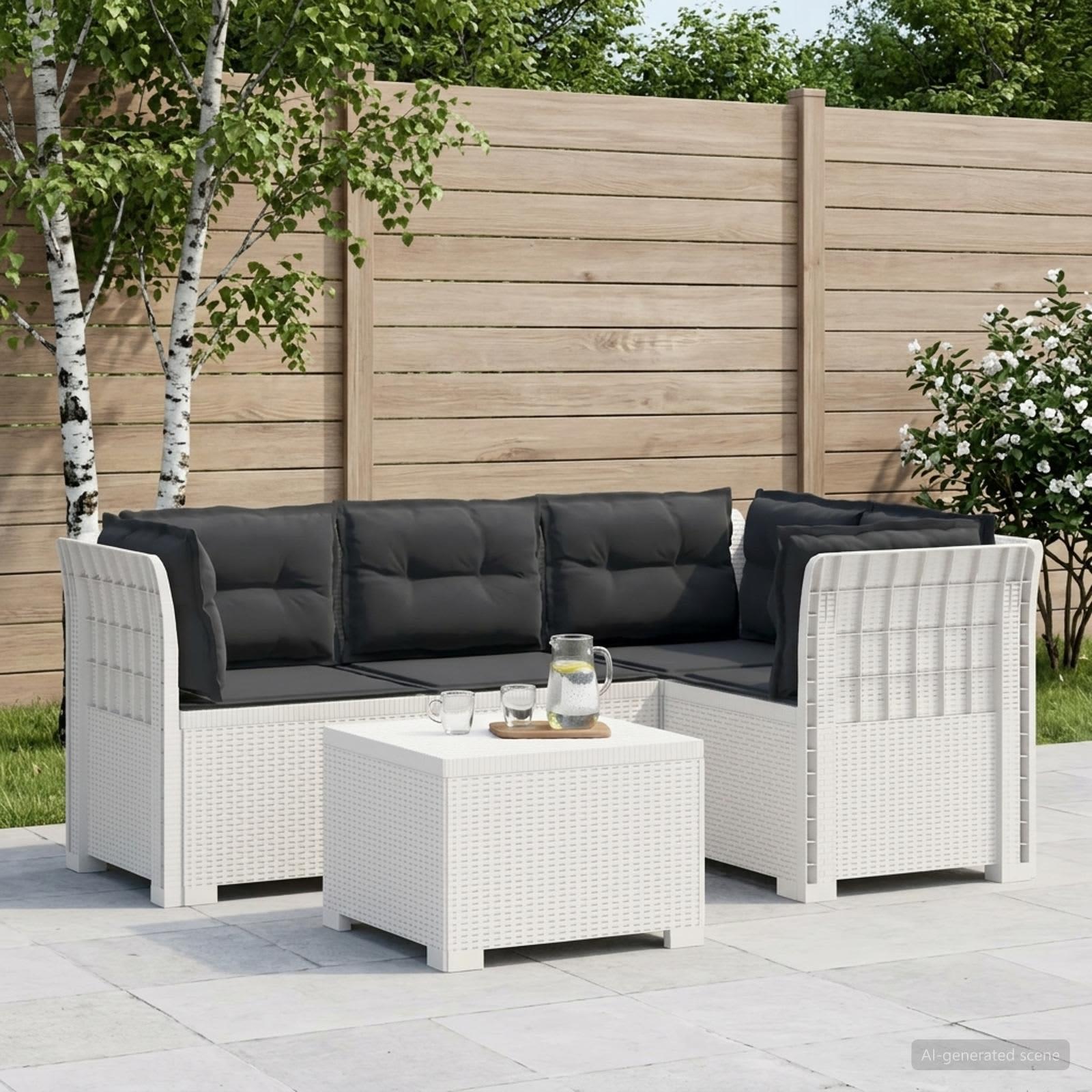 4-personers havesofa loungesæt med hynder i rattan-look PP hvid