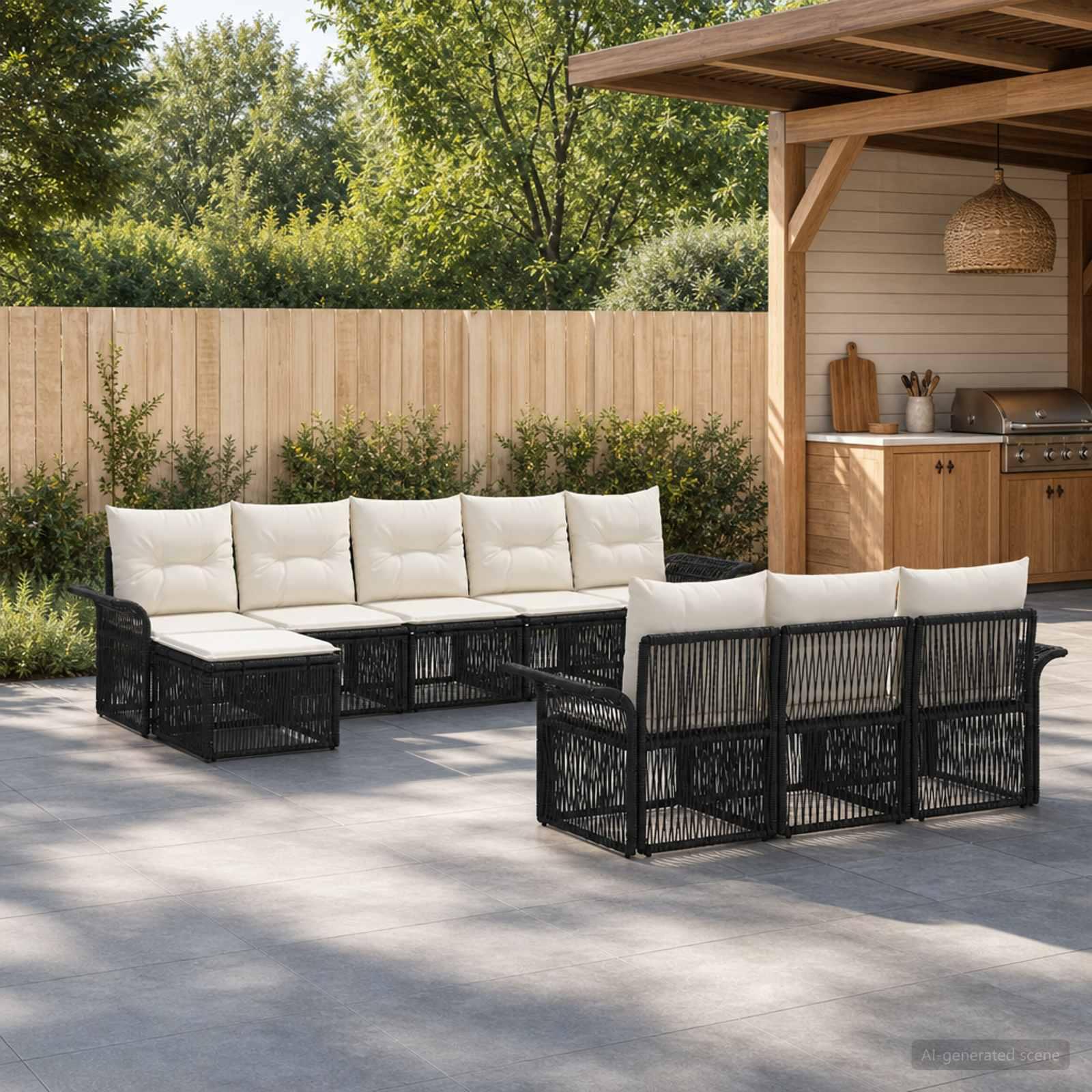 Havesofa sæt 10 stk. i sort polyrattan med moduldesign