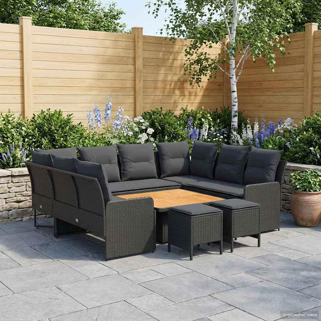 Loungesæt 8 stk. i sort PE-rattan med puder