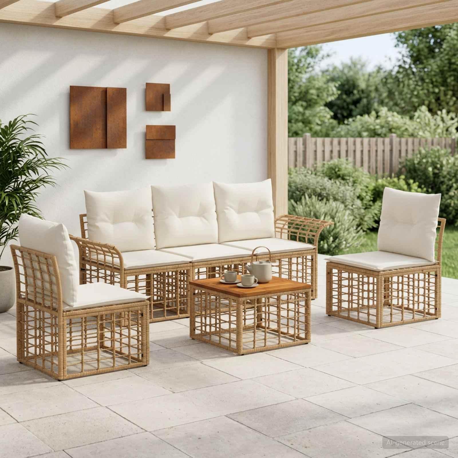 Udendørs sofagruppe 6 stk. i poly rattan - naturlig og cremehvid
