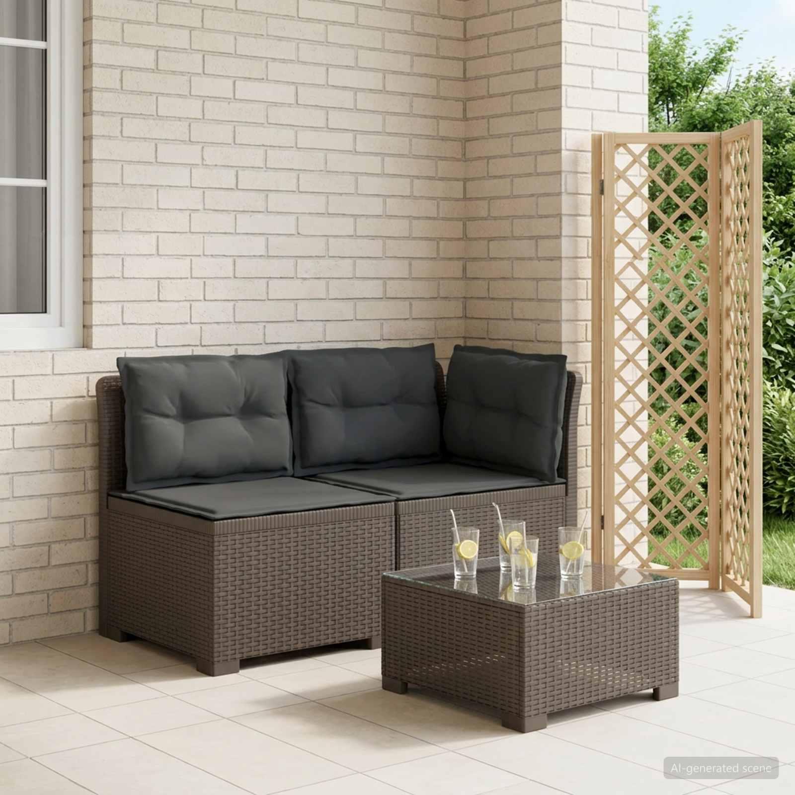 2-personers havemøbelsofa i rattan look PP med puder - lysegrå