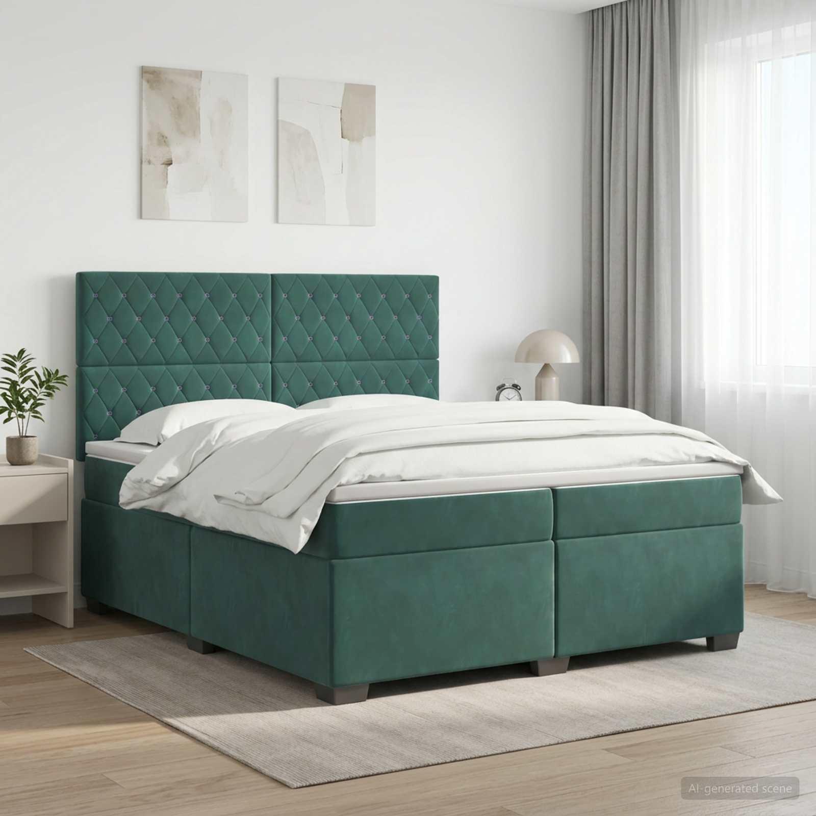 Boxmadras seng med topmadras 200 x 200 cm i mørkegrøn fløjl
