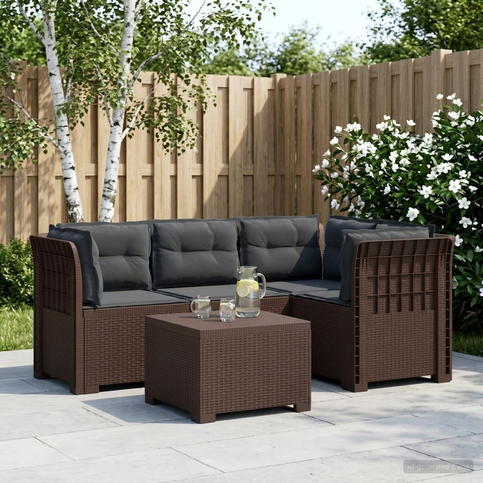 4-personers havesofa loungesæt med hynder i rattan-look PP brun