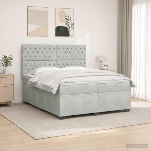 Boxmadras med topmadras 200 x 200 cm i lysegrå fløjl med justerbar hovedgavl og LED