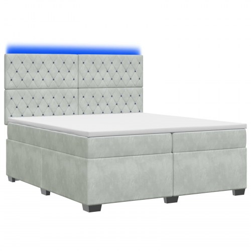 Boxmadras med topmadras 200 x 200 cm i lysegrå fløjl med justerbar hovedgavl og LED