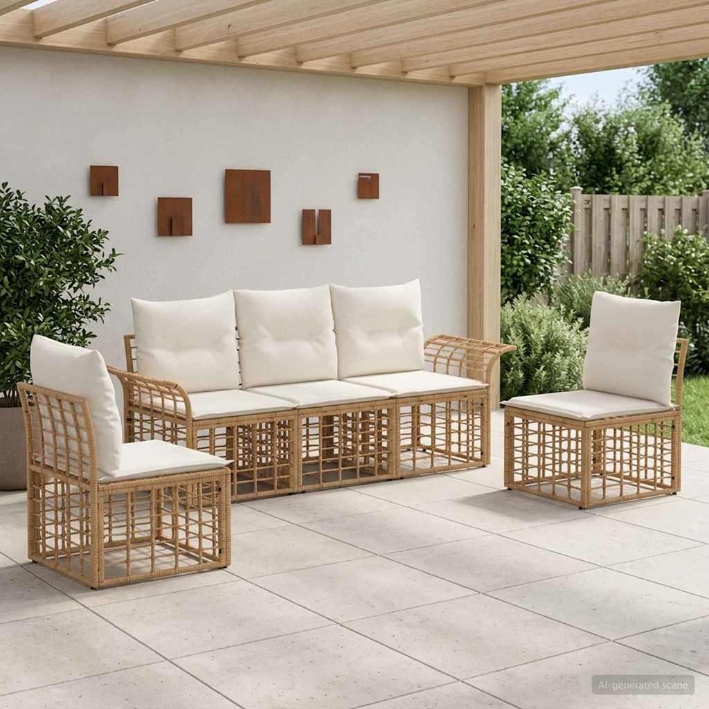 Udendørs sofagruppe 5 stk. i poly rattan - naturlig og cremehvid