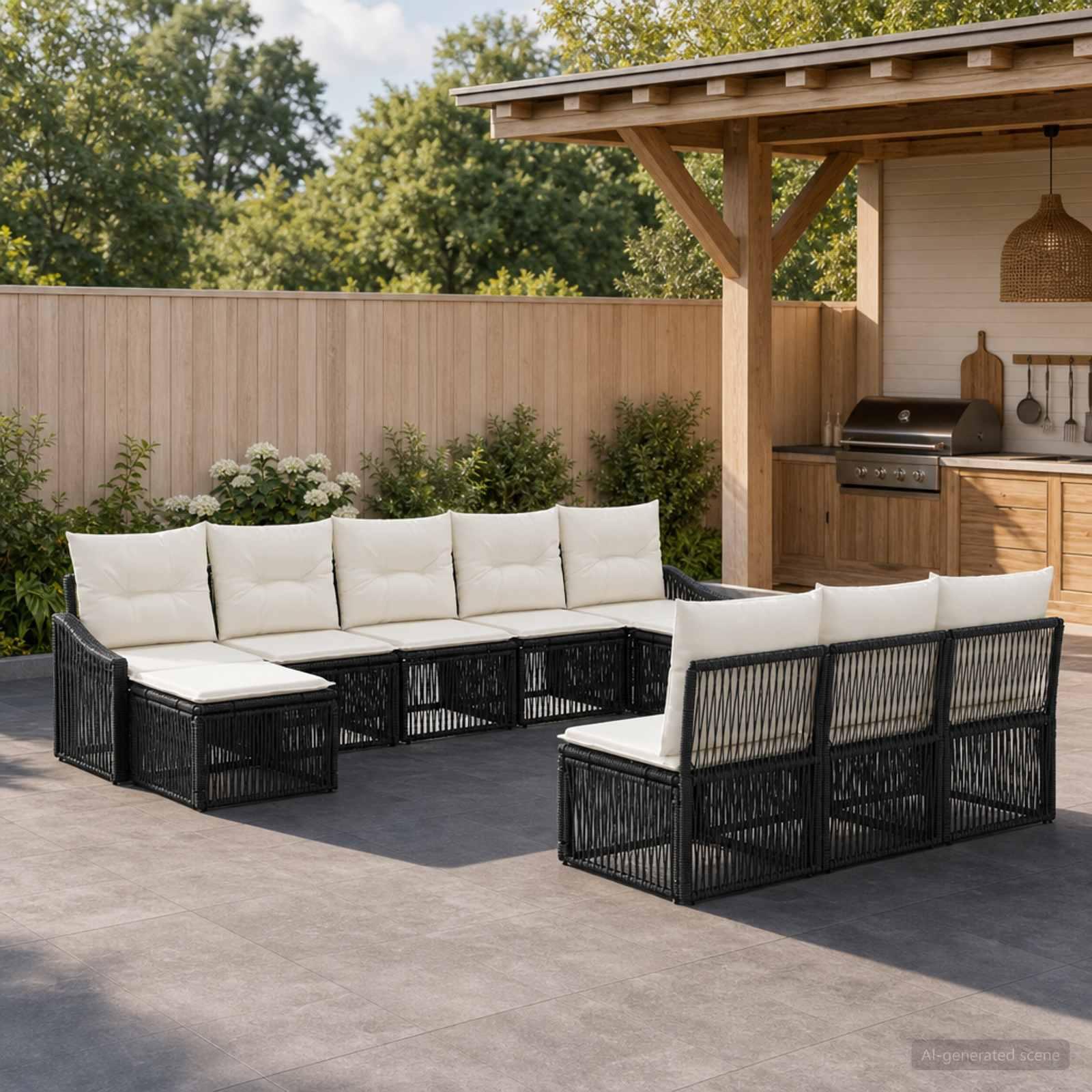 Havesofa sæt 10 stk. i sort polyrattan modulært loungesæt