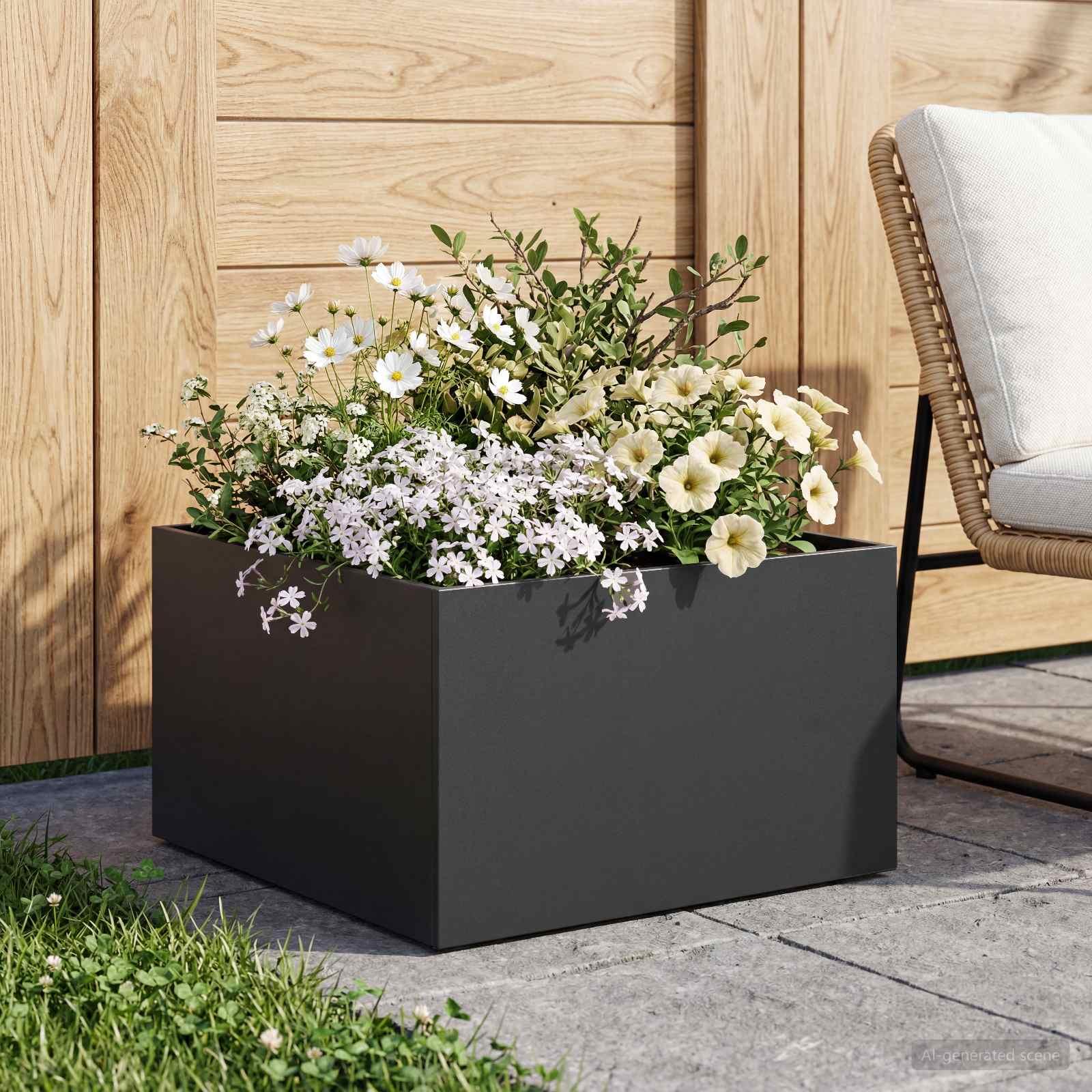 Have blomsterkrukke firkantet 60 x 60 x 30 cm i sort koldvalset stål