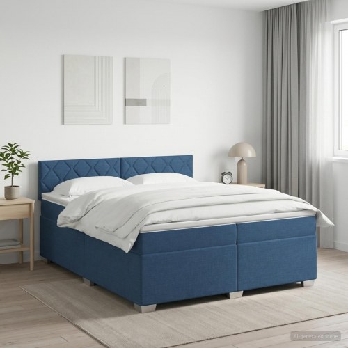 Boxmadras med topmadras og justerbar hovedgavl 200 x 200 cm blå