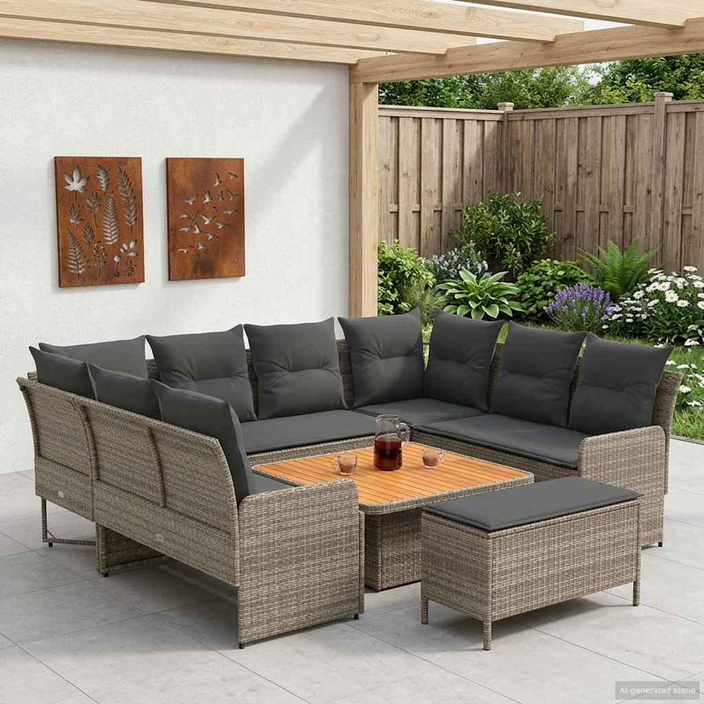 Møbelsæt 7 stk. i grå og mørkegrå PE rattan - loungesæt til terrasse og stue