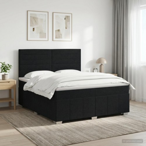 Boksmadras seng med topmadras og hovedgærde 140 x 190 cm sort stof