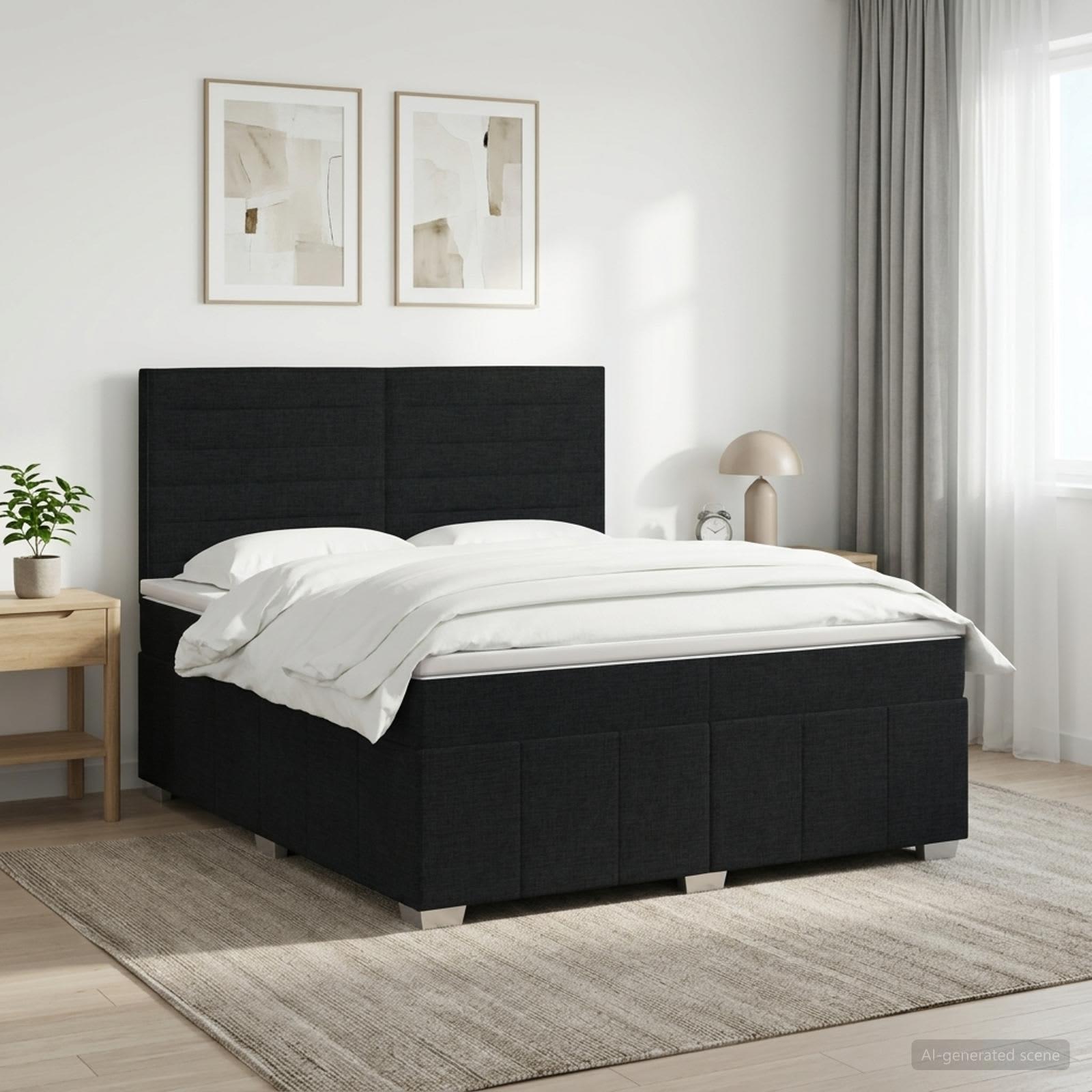 Boksmadras seng med topmadras og hovedgærde 140 x 190 cm sort stof
