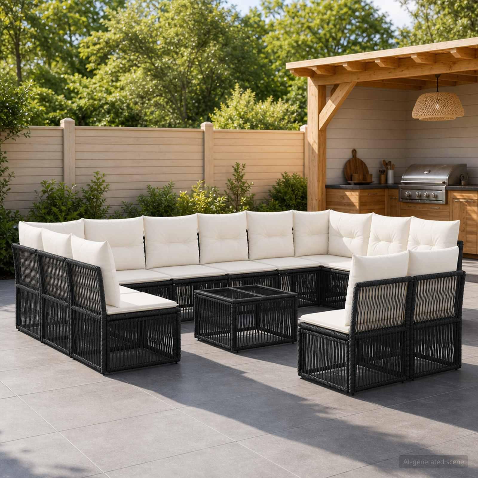 Havesofa sæt 13 dele i sort polyrattan med moduldesign
