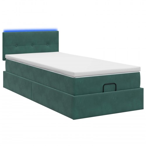 Ottoman seng med madras og LED 90 x 190 cm i mørkegrøn velour