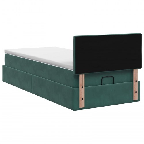 Ottoman seng med madras og LED 90 x 190 cm i mørkegrøn velour