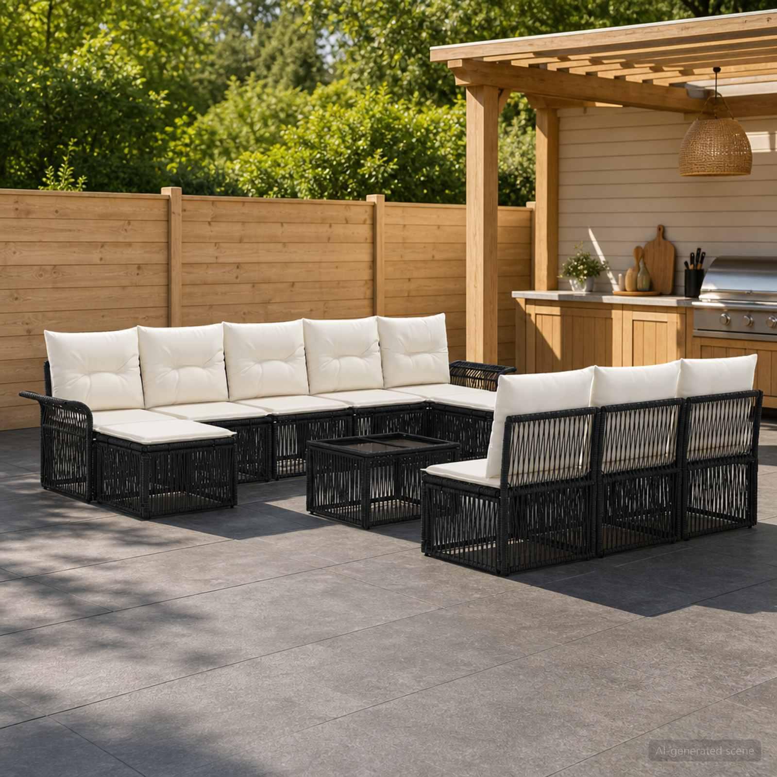 Havesofa sæt 11 stk. i sort polyrattan med puder