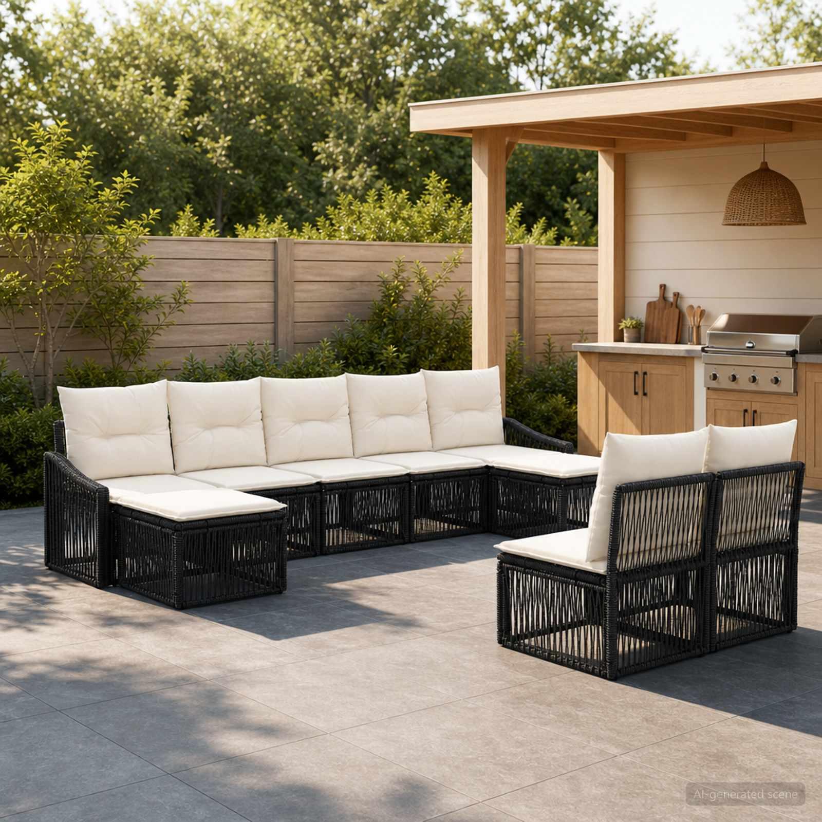 Havesofa sæt 9 stk. i sort polyrattan med cremehvide puder